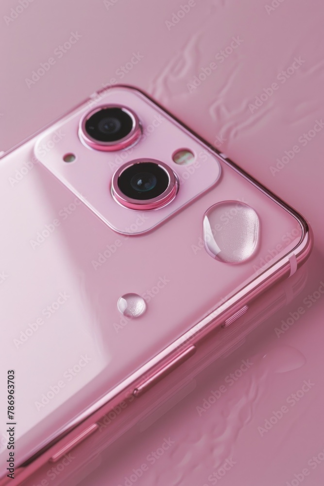 Poster close-up of a cell phone on a pink surface, suitable for technology concepts
