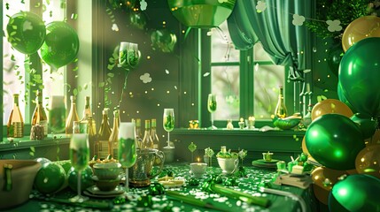 A festive St. Patrick's Day party with green decorations, balloons, and streamers