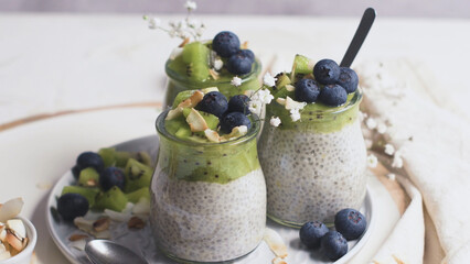 Chia pudding with kiwi and blueberries