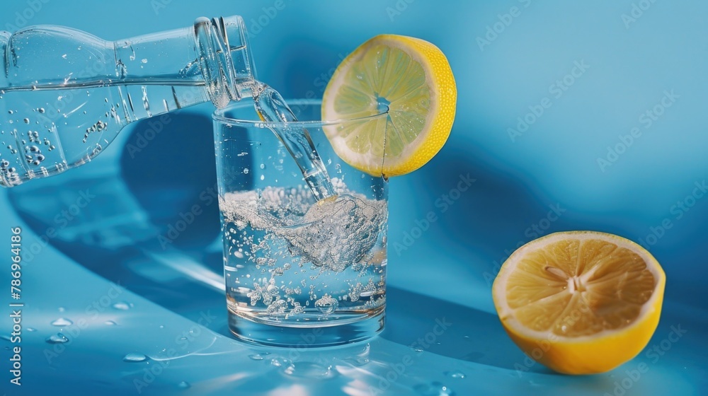 Poster refreshing glass of water with a slice of lemon, perfect for summer drink concepts