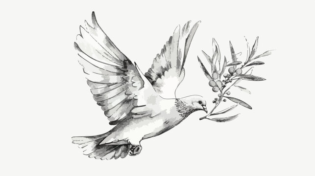 Dove of peace. Flying bird with an olive branch in bea