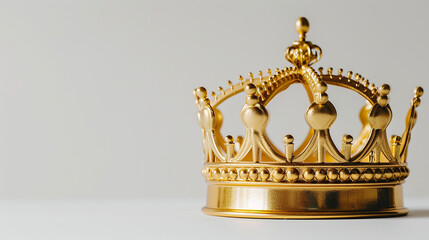 A golden crown with pearls sits on a white surface

