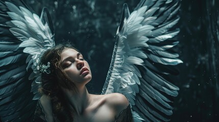 A woman wearing a black dress with white wings, suitable for fantasy or angelic themed designs - obrazy, fototapety, plakaty