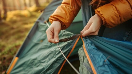 Focused close up  young woman s hands carefully opening tent zipper for detailed view