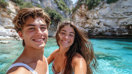 A happy young couple taking a selfie at the beach with a clear turquoise sea and cliffs in the...