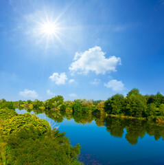 calm summer river with forest on coast at sunny day