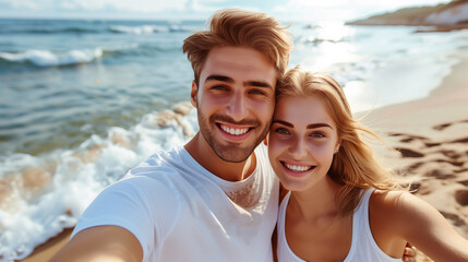 Fototapeta premium A young couple taking a selfie on a beach during a sunny vacation, both smiling happily. Generative AI