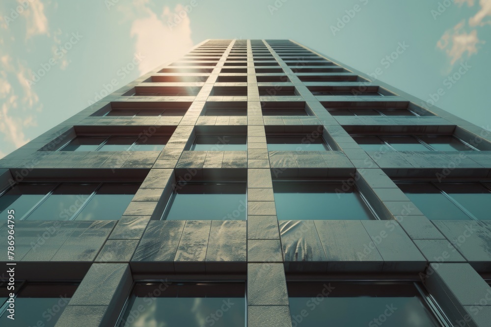 Poster A tall building with numerous windows on a sunny day. Suitable for architectural and cityscape concepts