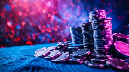 Casino Concept background with dice, golden coins, cards, roulette and chips. - obrazy, fototapety, plakaty