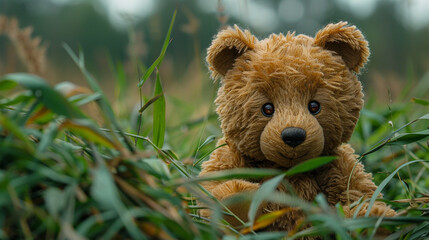 Cute teddy bear playing hide and seek amidst tall green grass, peeking out with a grin