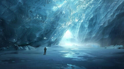 Exploring the Depths of a Frozen Cave A Solitary Figure Beneath a Glacier's Azure Glow, Showcasing the Beauty of Ice Formations.