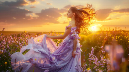 Lavender dress and lilac flowers set against a wildflower field at sunset.