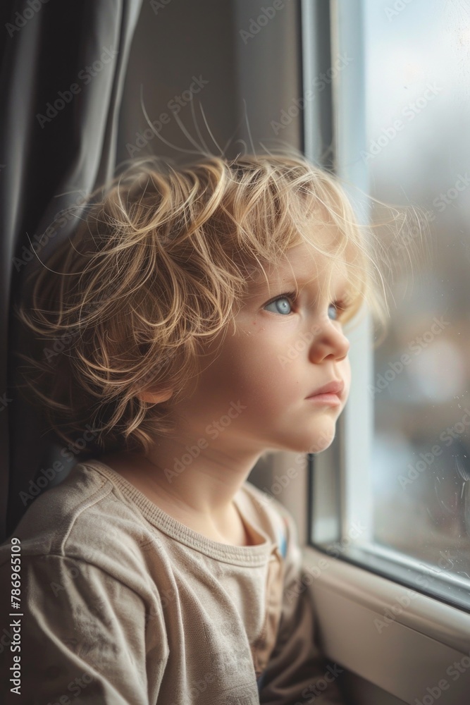 Poster a young child looking out a window. suitable for various projects
