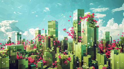 In this cityscape, geometric botanicals in greens and pinks merge urban with natural.