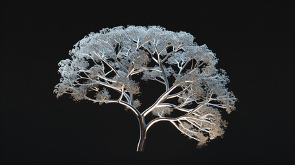 Silver-gray brain tree branches contrast starkly with a minimalist backdrop.