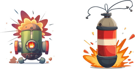 Cartoon dynamite. Military explosive with timer, detonator and fuse - obrazy, fototapety, plakaty