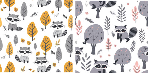 Childish print with happy animals. Baby racoon for nursery vector wallpaper