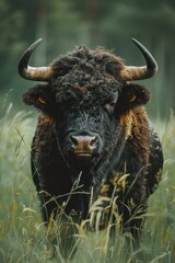 A close up of a bull in a field of tall grass. Ideal for agricultural and nature concepts