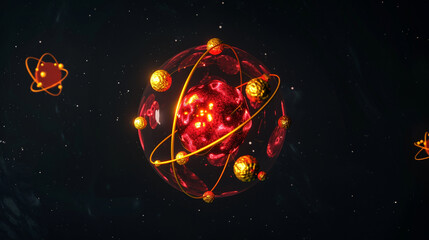 Vibrant red atomic sphere with golden core, symbolizing physics on a black backdrop.