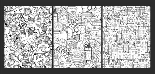 Doodle coloring pages bundle. Adorable templates set for coloring book in US Letter format with flowers, food and magic castles. Vector illustration