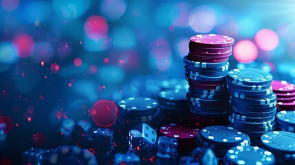Casino Concept background with dice, golden coins, cards, roulette and chips. - obrazy, fototapety, plakaty