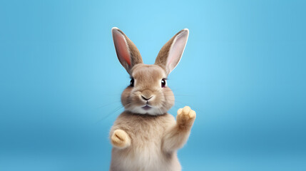 Closeup Cute Rabbit isolated on blue color backdrop with copy space for text 