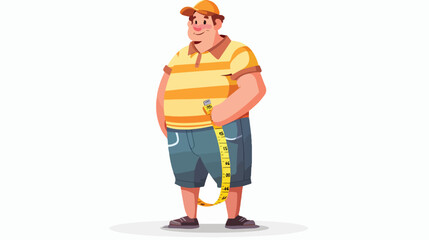 Fat man measuring waist. Obese man with measure tape c
