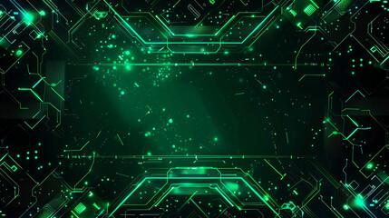 Dynamic tech particles and circuits in neon green, 3D matrix ready for text.