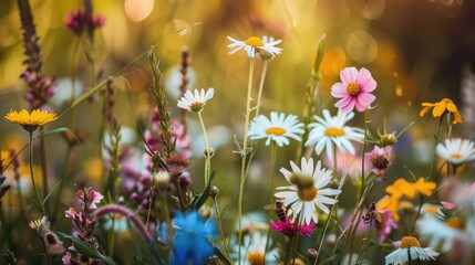 A close-up of colorful wildflowers blooming in a meadow