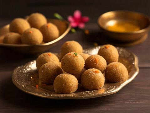 Indian sweets besan laddu kept in a plate.