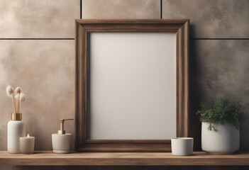 Frame mockup in rustic villa bathroom interior background 3d render