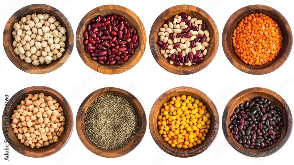 Poster different types of beans displayed in wooden bowls. great for food and nutrition concepts