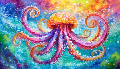 Pastel Painting expressive hyper realistic detail intricate texture octopus dancing in the air; illustration, fairytale, fiery, artistic hand drawn colorful image photograph
