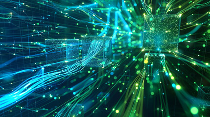 Digital 3D stream of blue and green data courses through a networked sphere maze.