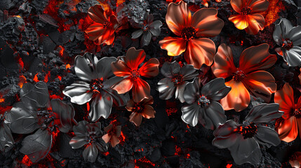 3D flowers blaze in crimson and orange, mirroring the fury of volcanic energy.