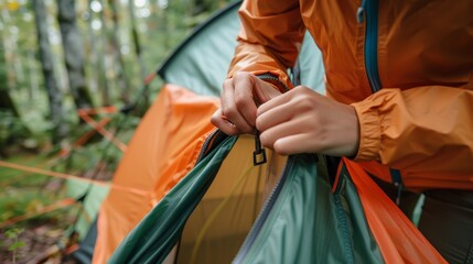 Close up view of a young woman s hands carefully unzipping the zipper on a tent door