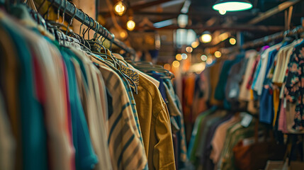 Sustainable fashion concept. Clothes hanging on a rack in second-hand clothing store. Slow fashion. Fashion sustainability. Green fashion revolution. Sustainable fashion movement. - obrazy, fototapety, plakaty
