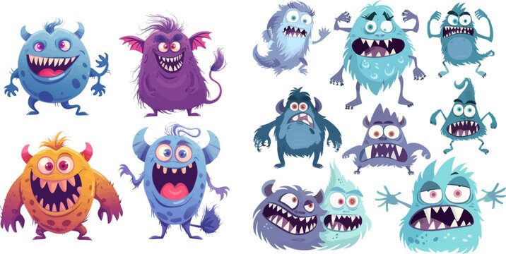 Troll or devil bizarre character with teeth, vector isolated icon illustration set