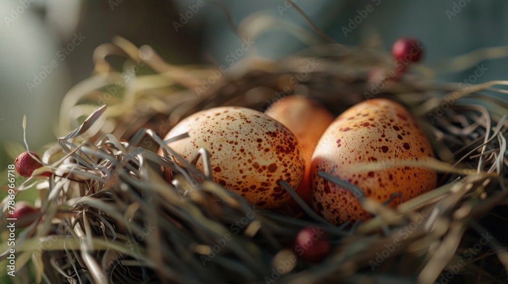 Poster three eggs in a nest on a table. suitable for farm or kitchen themes