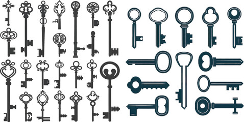 Vintage house keys, retro safe key and security access silhouette icon set