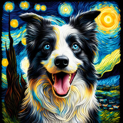 Border Collie Dog Van Gogh Starry Night Style  - obrazy, fototapety, plakaty