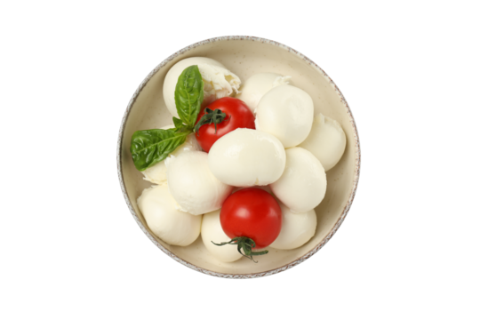 PNG, Balls of mozzarella cheese, basil and tomatoes in bowl, isolated on white background, top view