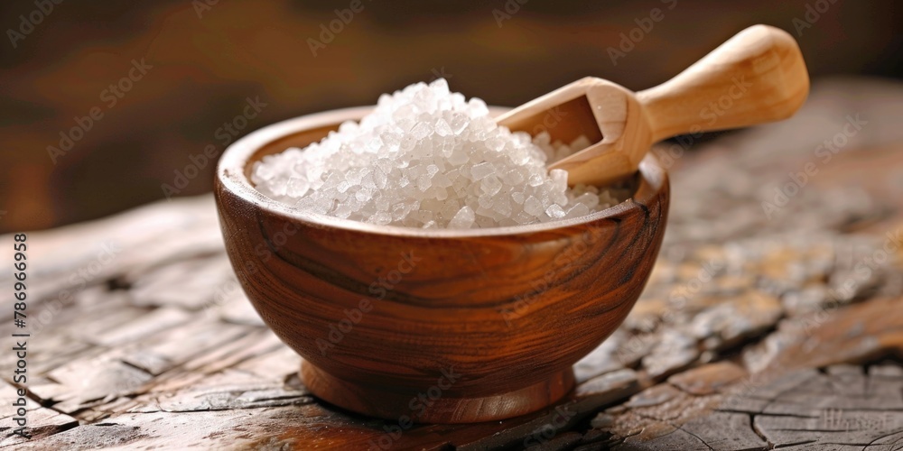 Wall mural A wooden bowl filled with white sugar on a wooden table. Suitable for food and cooking concepts