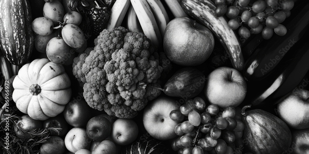 Poster a monochrome image showcasing a selection of fresh produce. ideal for food and nutrition concepts