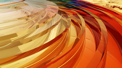 "Beige to terracotta, a spiral glass plane abstract of desert hues."