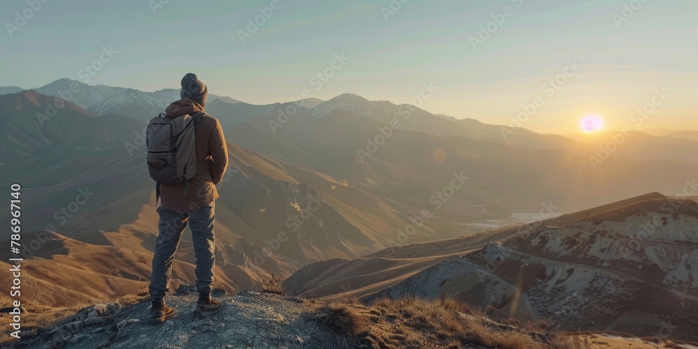 Poster a man standing on top of a mountain with a backpack. suitable for outdoor adventure concepts