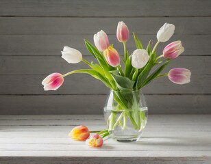 Colorful tulips in a transparent glass vase on a wooden table