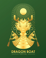 Dragon boat festival - Gold front dragon boat and boater and sun light with line dashed on green background vector design