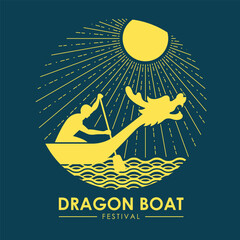 Dragon boat festival - Yellow gold dragon boat and boater on water river and sunlight with dashed line in circle shape on blue background vector design