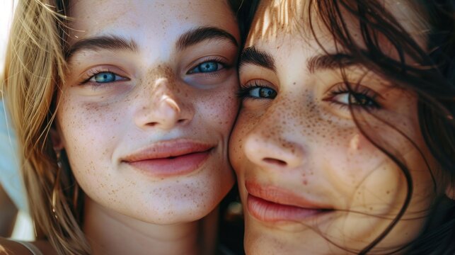 Close up image of two women with freckles. Suitable for beauty and skincare concepts